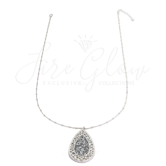 Filigree Teardrop Necklace Silver Tone/Rhinestone - Picture 8 of 8